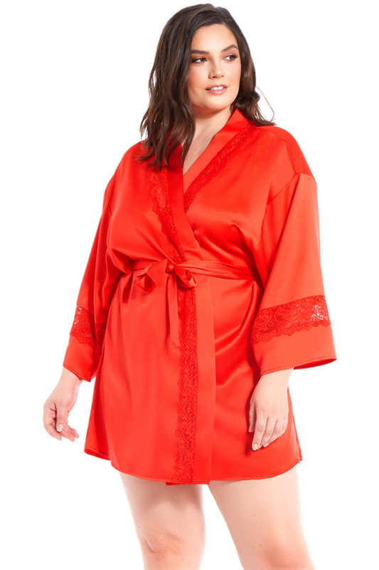 Plus Size Red Satin & Lace Insert Robe