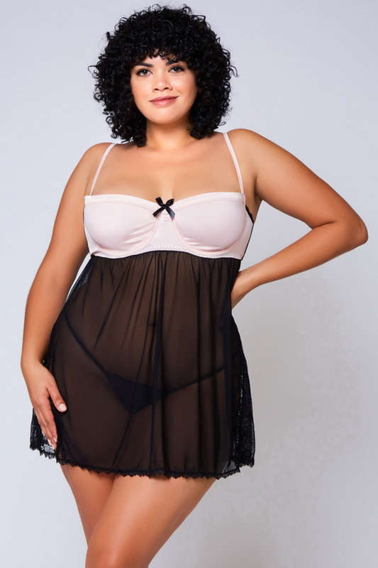 Plus Size Enchanted Soiree Pink & Black Lingerie Babydoll