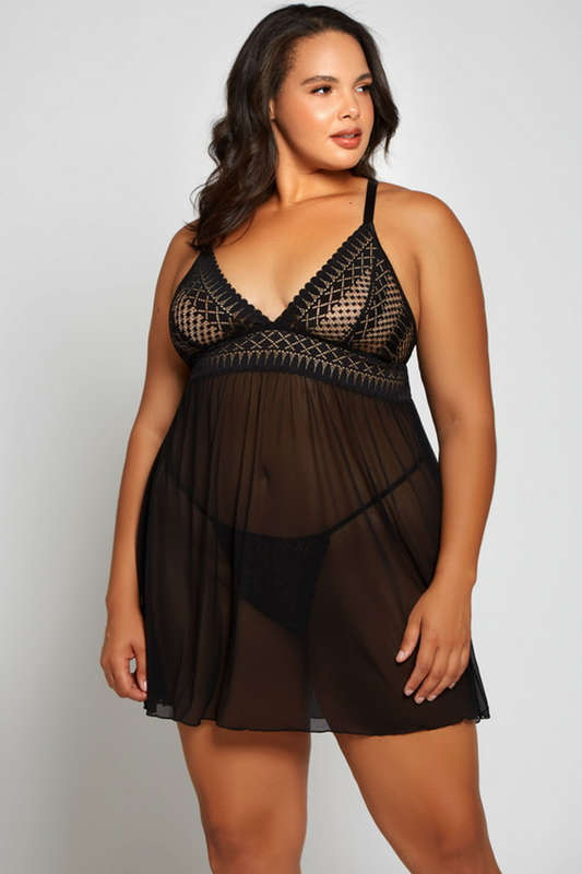 Plus Size Black Hazel Lace & Mesh Babydoll