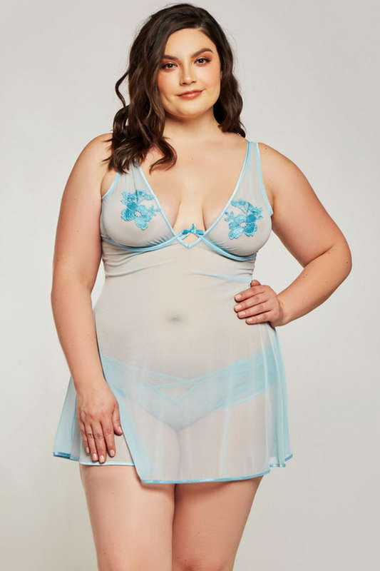 Plus Size Floral Applique & Mesh Babydoll