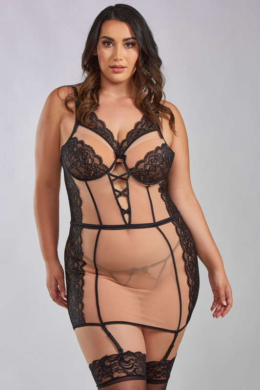 Plus Size Vivienne Mesh & Lace Chemise & G-String Set