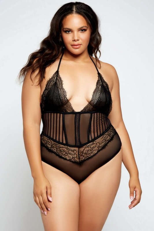 Plus Size Black Lace Up Back Teddy