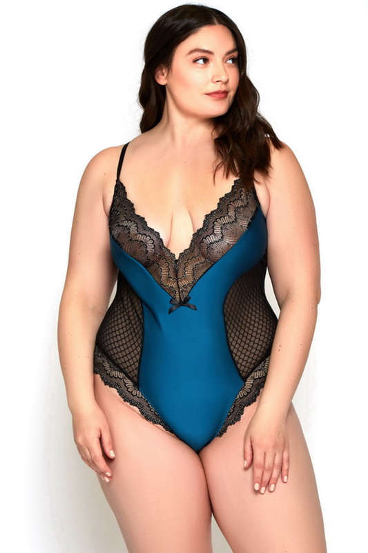 Plus Size Teal & Black Gillian Diamond Mesh Lingerie Teddy