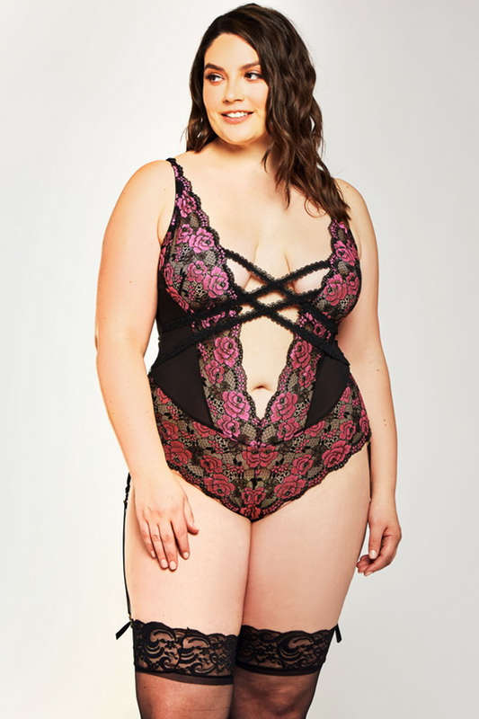 Plus Size Fuchsia Floral Plunging Teddy