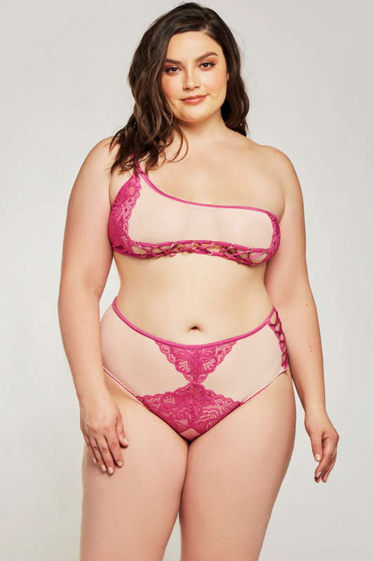 Plus Size Pink Asymmetrical Lace Bra Set