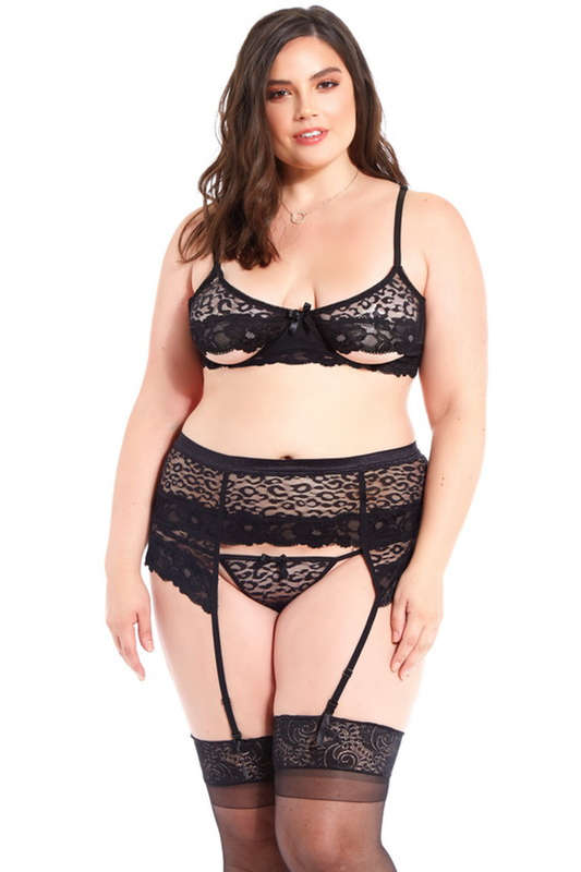 Plus Size Leopard Lace & Mesh Bra Set