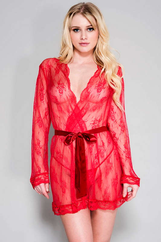 Red Lace Robe with Satin Belt