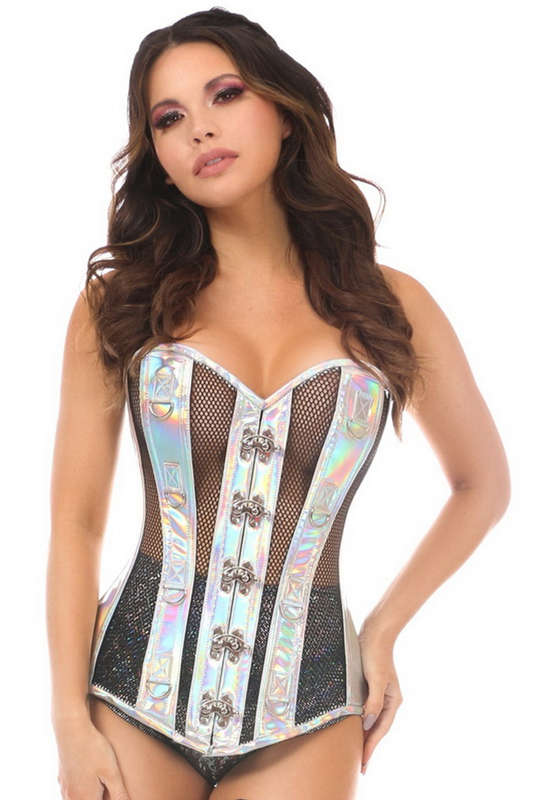 Plus Size Top Drawer Silver & Black Holo Fishnet Corset