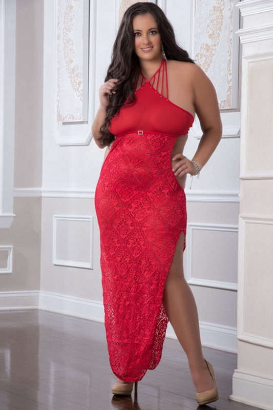 Plus Size Red Lace Shoulder Baring Night Gown