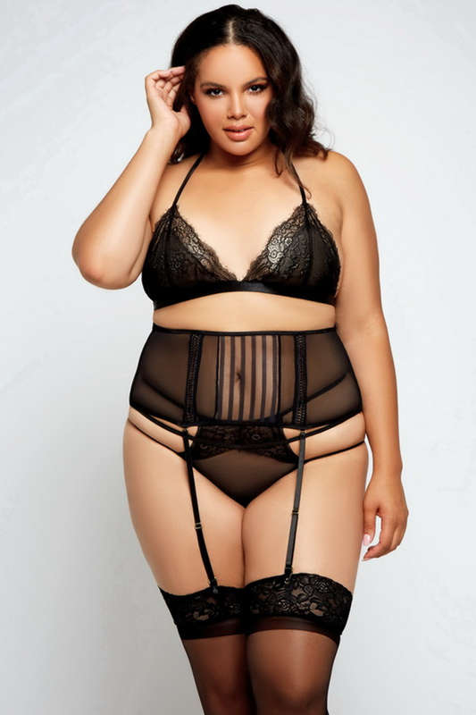 Plus Size Black Lace & Mesh Bra, Garterbelt and G-String Set