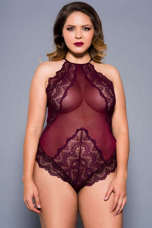 Plus Size Burgundy High Neck Scalloped Trim Lace Teddy