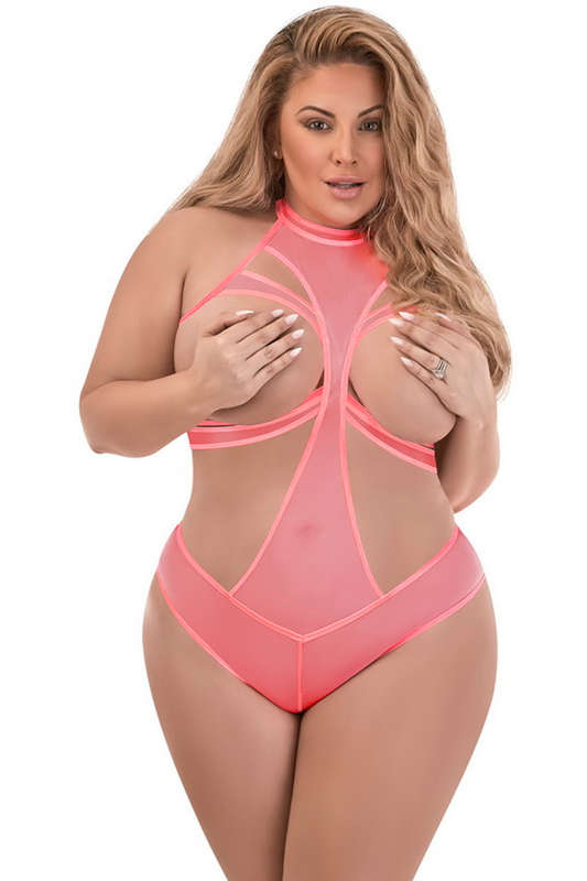 Plus Size Pink Mesh Cupless & Crotchless Teddy