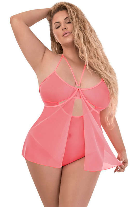 Plus Size Pink Crotchless Babydoll Teddy
