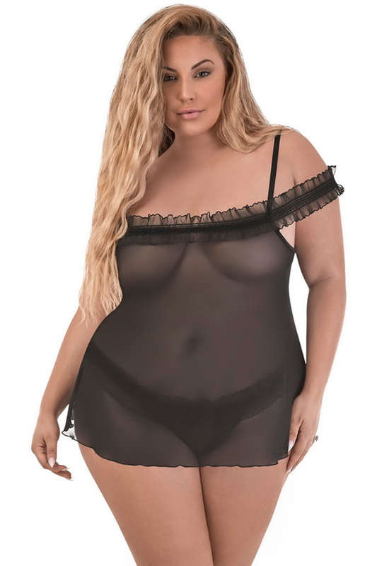 Plus Size Fly Away Lingerie Babydoll & Split Crotch Thong Set