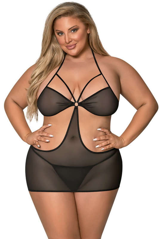 Plus Size Black Sassy Mesh Cut Out Lingerie Chemise Lingerie Set