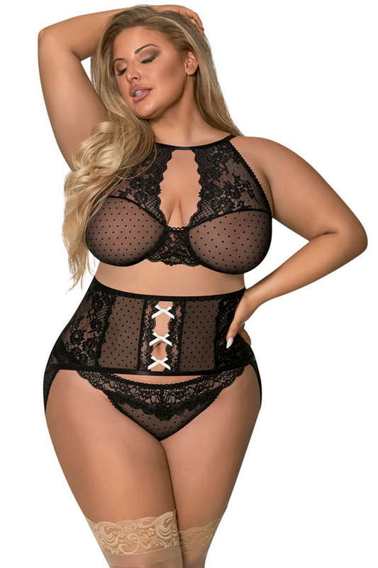 Plus Size Passion Pointe Black Lace Bra Lingerie Set