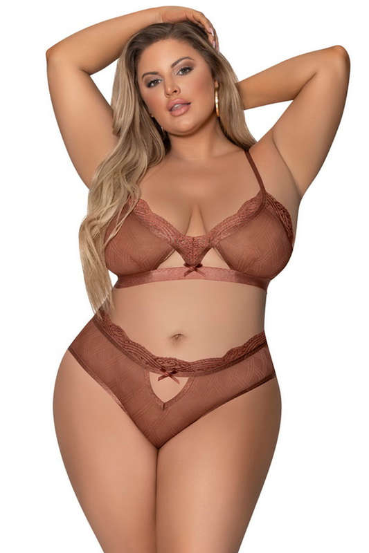 Plus Size Jacquard Mesh Bralette & Open Back Panty