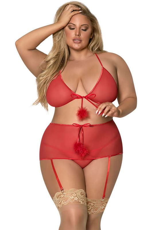 Plus Size Merry Bou Red Mesh Bra & Gartered Skirt Lingerie Set