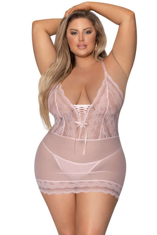 Plus Size Blush Pink Lace Up Lingerie Chemise & G-String