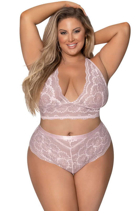 Plus Size Blush Pink Lace Strappy Back Bra Set