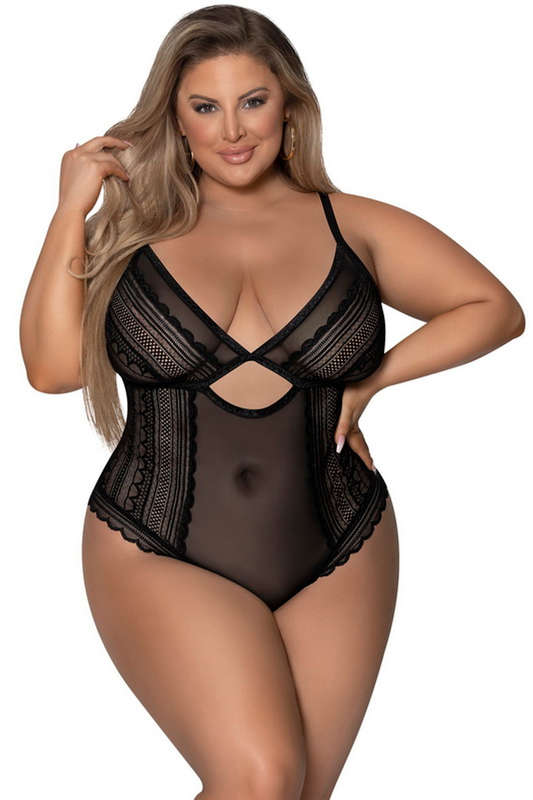 Plus Size Black Mesh & Lace Cheeky Lingerie Teddy