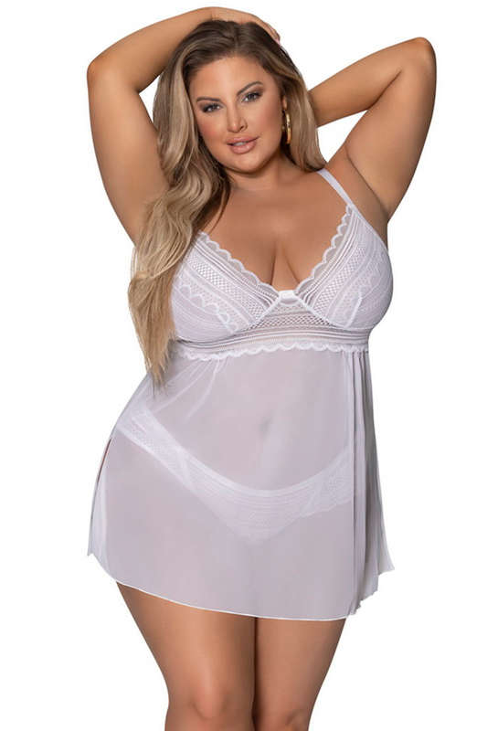 Plus Size White Mesh Lingerie Babydoll & Split Crotch Tanga Panty