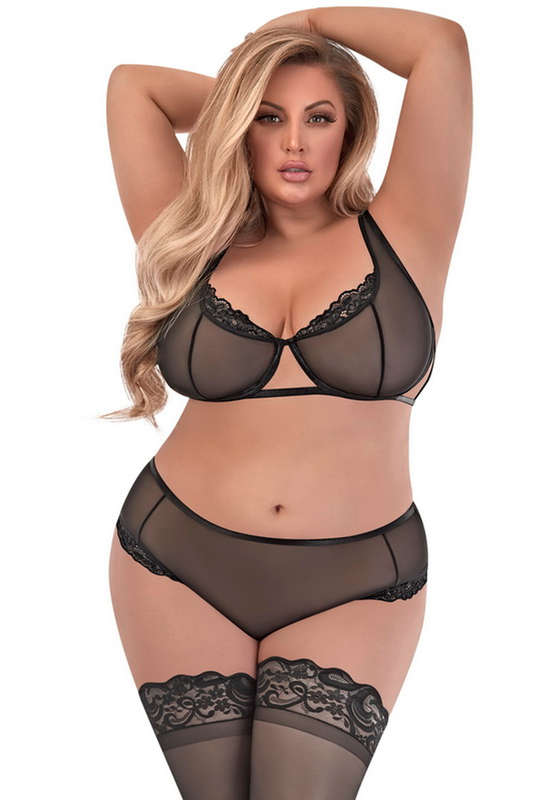 Plus Size Sexy Time Mesh Bra & Panty Lingerie Set