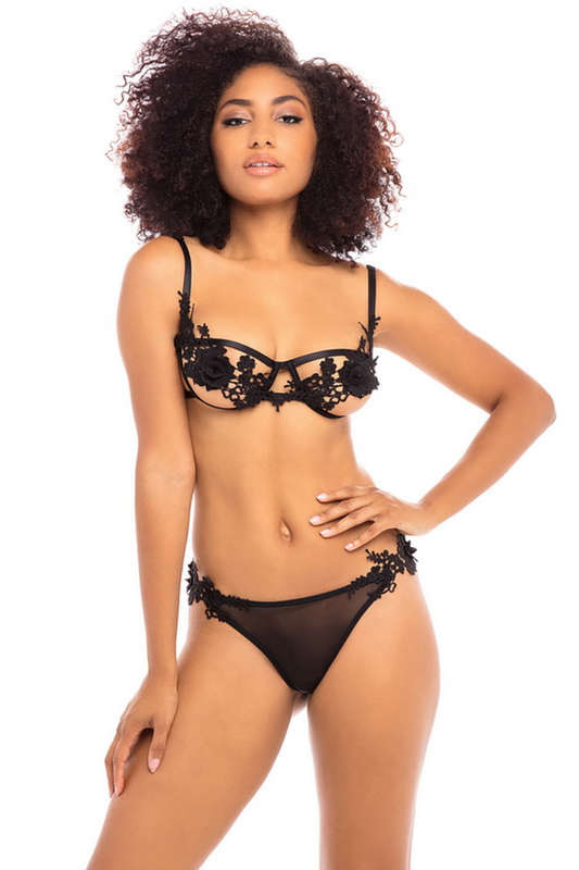 Black Embroidered Bra & Thong
