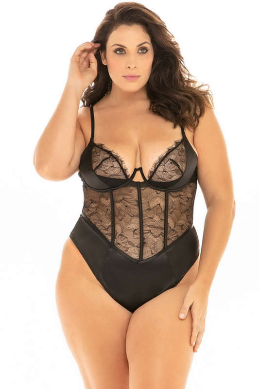 Plus Size Black Sheer Lace Shelf Cup Lingerie Teddy