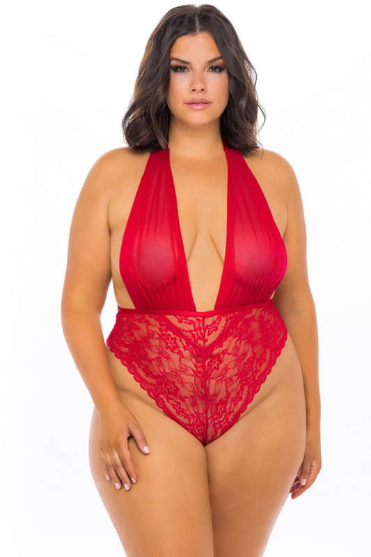 Plus Size Red Mesh Plunge Halter Lingerie Teddy
