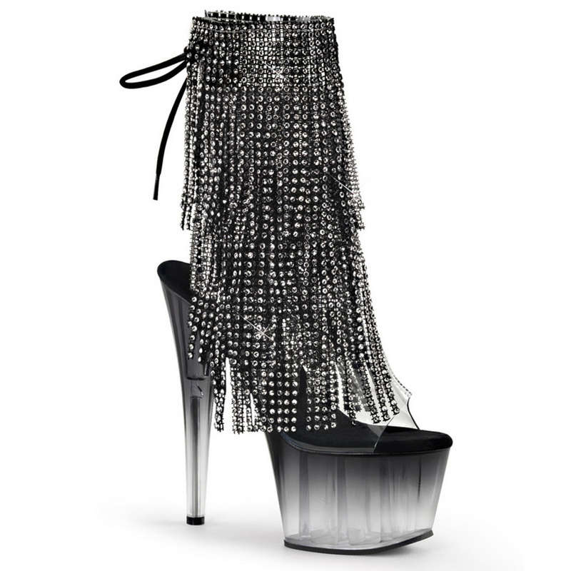 7" Heel Black Rhinestone Fringe Ankle Boots