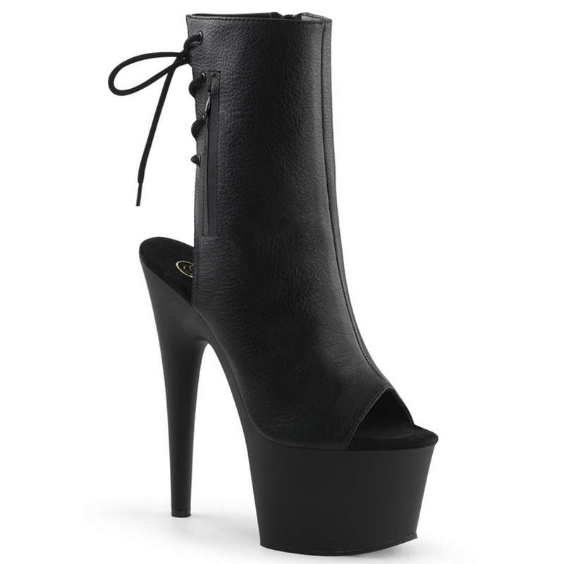 7" Stiletto Heel Black Faux Leather Open Toe Ankle Boots