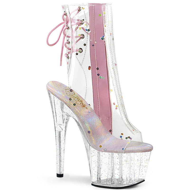 7" Heel Pink Multi Sequins Open Toe Ankle Boots