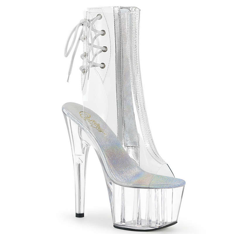 7" Heel Clear Open Toe Lace-Up Ankle Boots