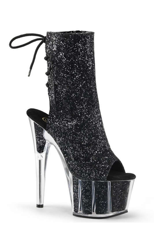 7" Heel Black Glitter Open Toe Ankle Boots
