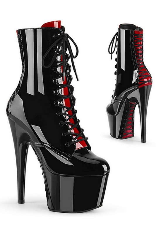 7" Heel Black & Red Patent Ankle Boots