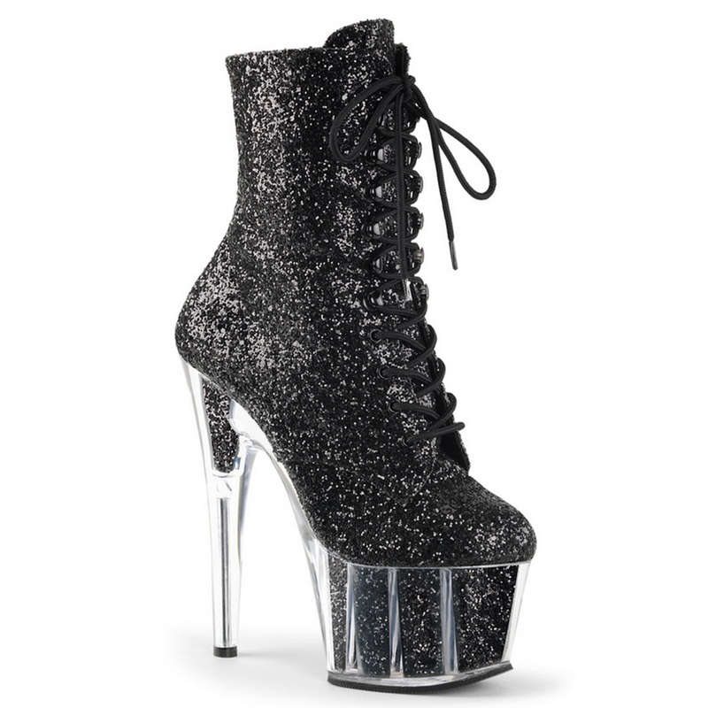 7" Heel Black Glitter Front Lace-Up Ankle Boots