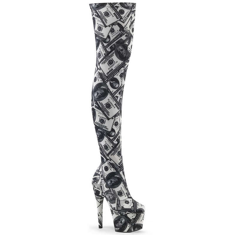Pleaser 7" Heel Dollar Print Thigh High Boots