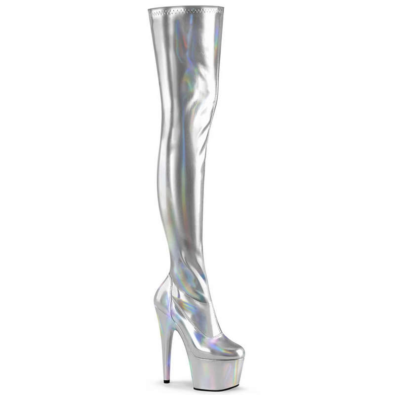7" Heel Silver Stretch Thigh High Boots