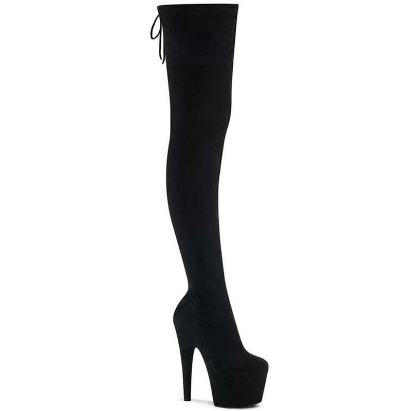 7" Heel Black Faux Suede Thigh High Boots