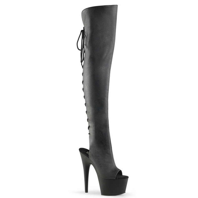 7" Stiletto Heel Black Faux Leather Knee High Boots