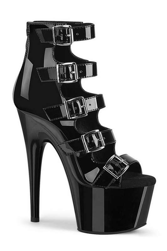 7" Heel Black Patent Multi Buckle Ankle Booties