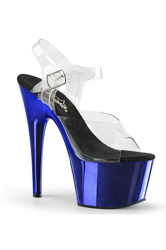 7" Heel Blue Chrome Plated Platform Ankle Strap Sandals