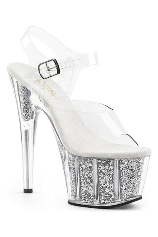 7" Heel Silver Glitter Ankle Strap Sandals