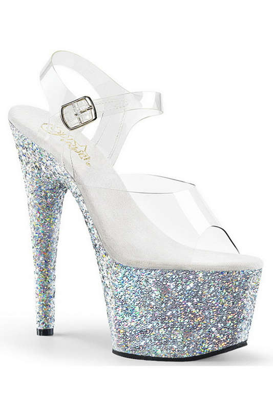 Silver Holographic Glitter 7" Ankle Strap Sandals