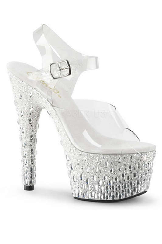 Silver & Clear Ankle Strap Stiletto Heel