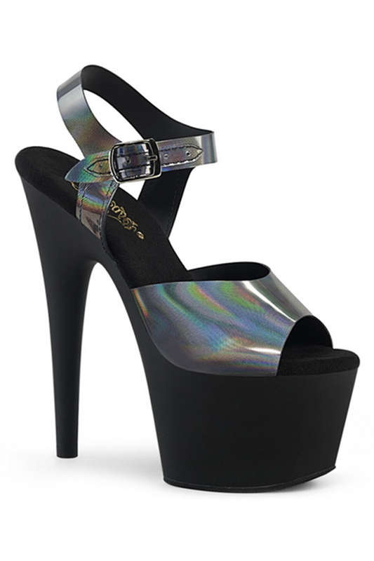 7" Heel Pewter Hologram Platform Ankle Strap Sandals