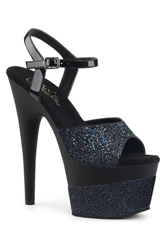 7" Heel Black Multi Glitter Ankle Strap Sandals