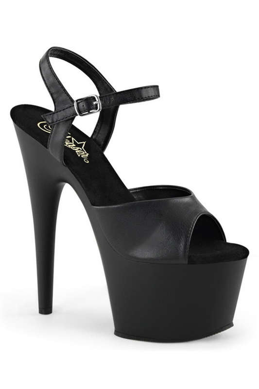 7" Heel Black Faux Leather Platform Ankle Strap Sandals