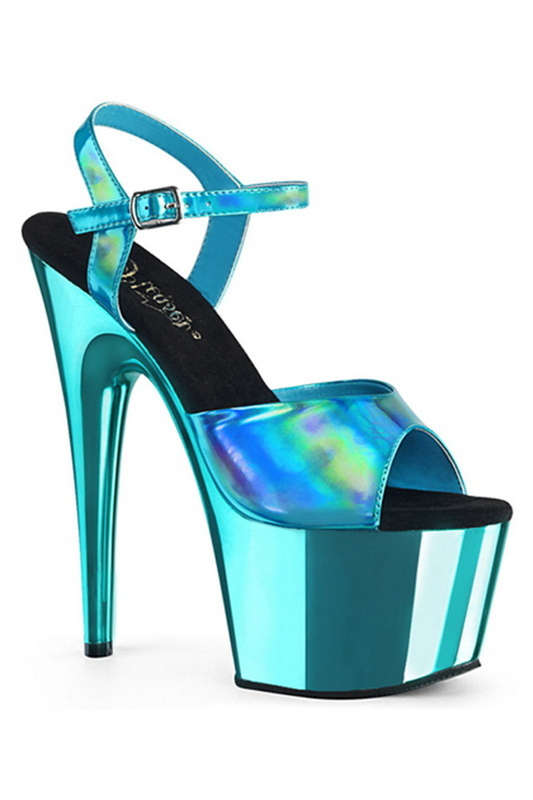 7" Heel Turquoise Chrome Plated Platform Ankle Strap Sandals